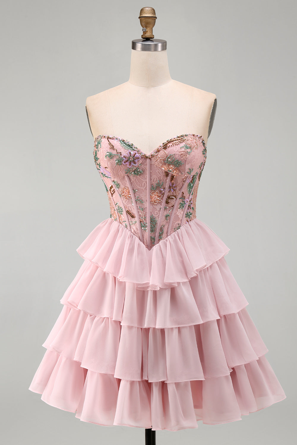 Floral Pink Corset A-Line Sweetheart Ruffled Short Homecoming Dress