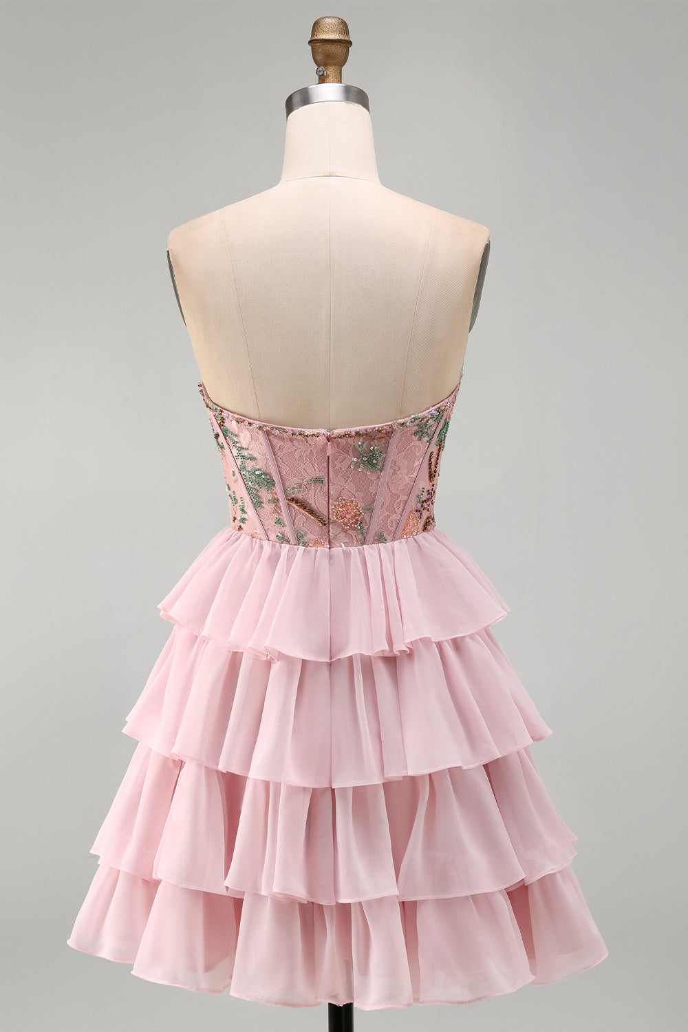 Floral Pink Corset A-Line Sweetheart Ruffled Short Homecoming Dress