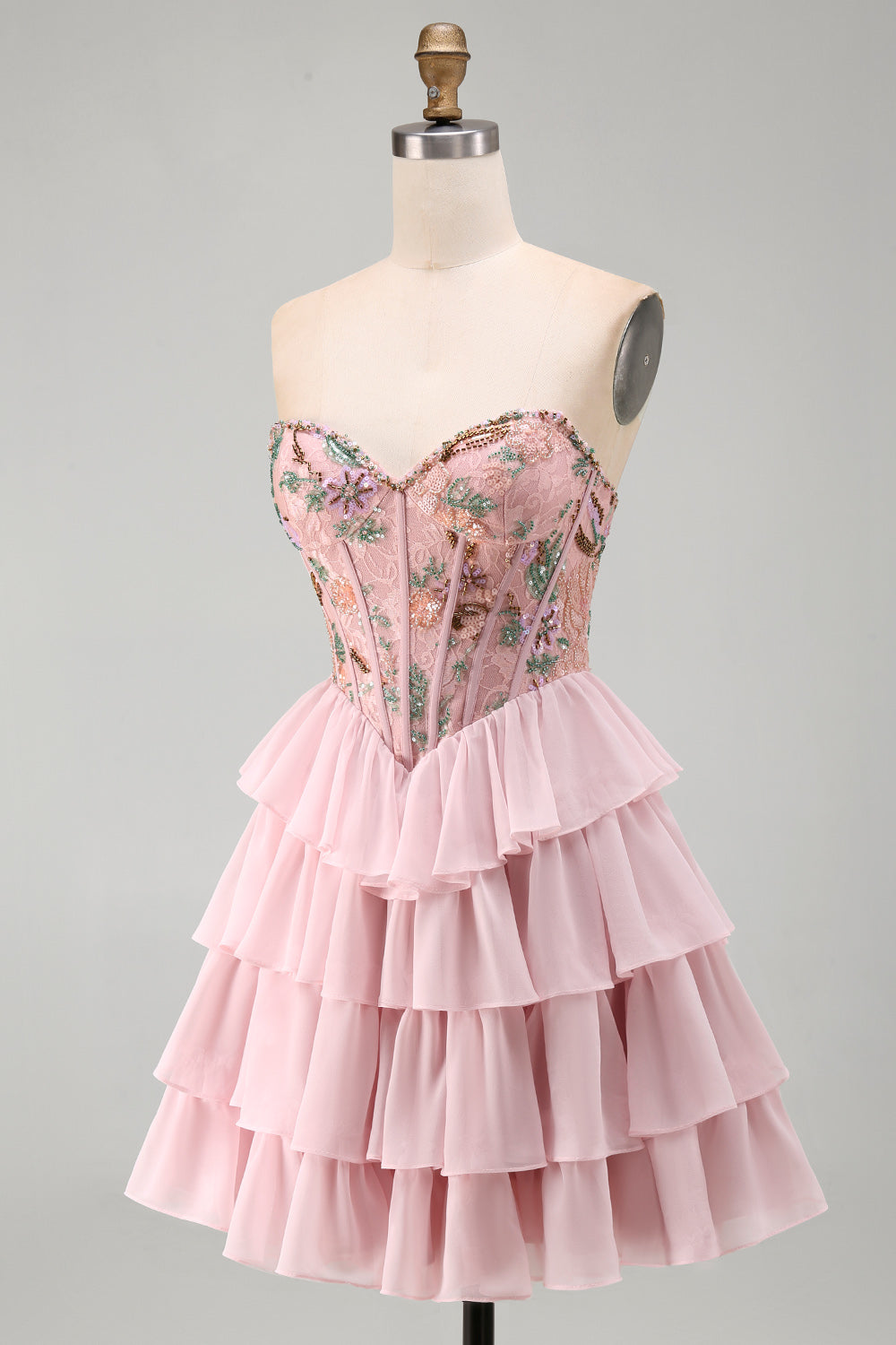 Floral Pink Corset A-Line Sweetheart Ruffled Short Homecoming Dress