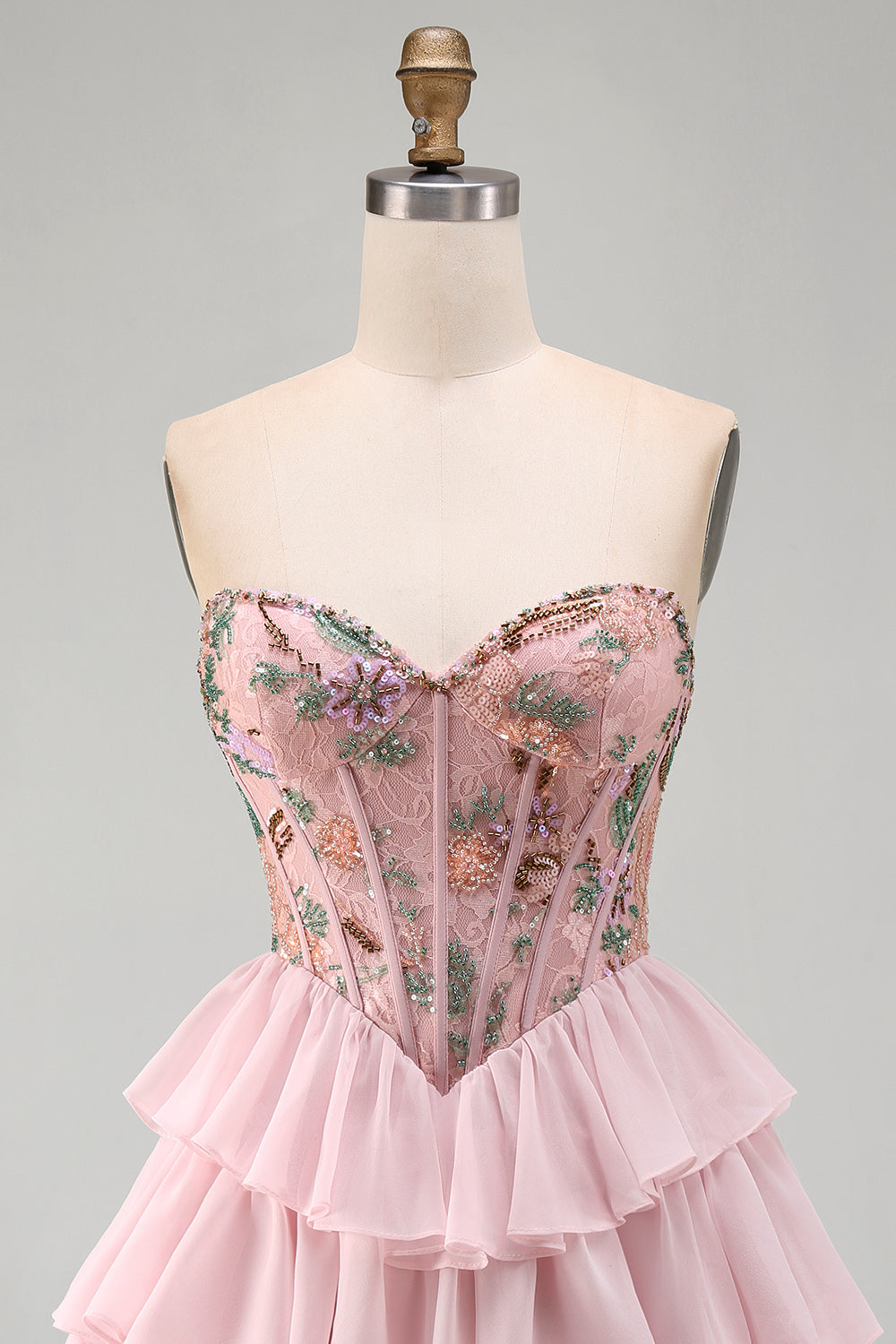 Floral Pink Corset A-Line Sweetheart Ruffled Short Homecoming Dress