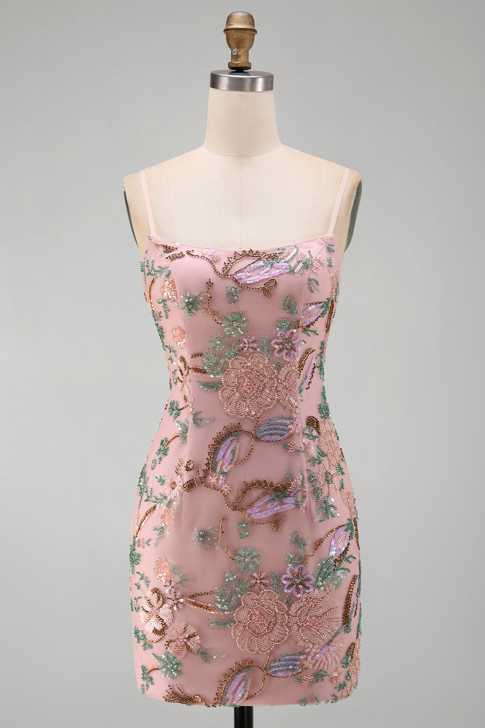 Floral Pink Beaded Sparkly Sequin Tight Short Homecoming Dress