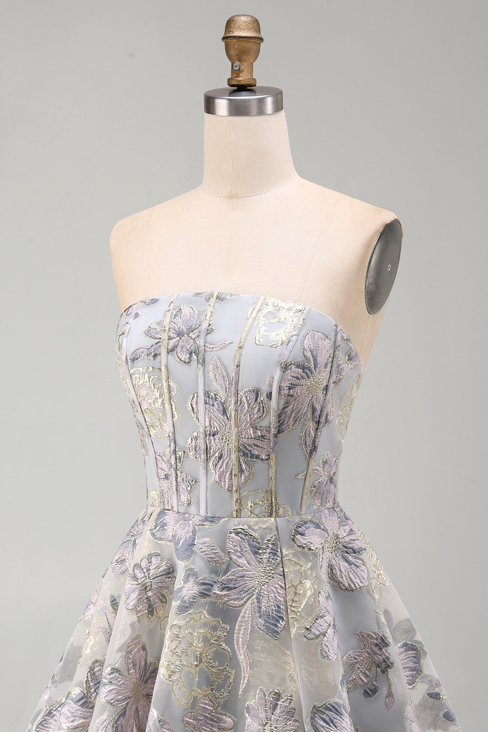 Short Blue Flower Corset A Line Strapless Jacquard Homecoming Dress