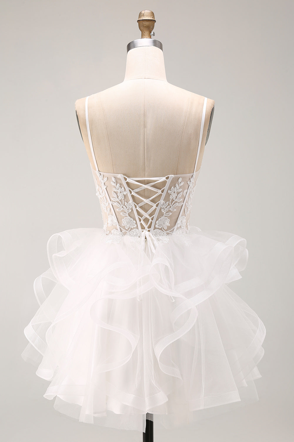 White Floral A-Line Beaded Sparkly Ruffled Short Corset Homecoming Dress