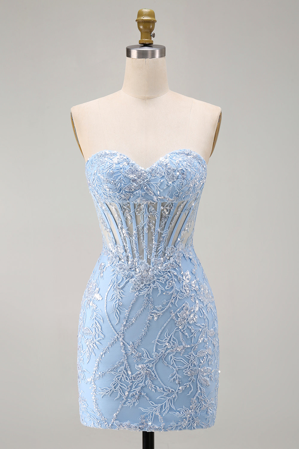 Sweetheart Sparkly Blue Floral Tight Short Corset Homecoming Dress