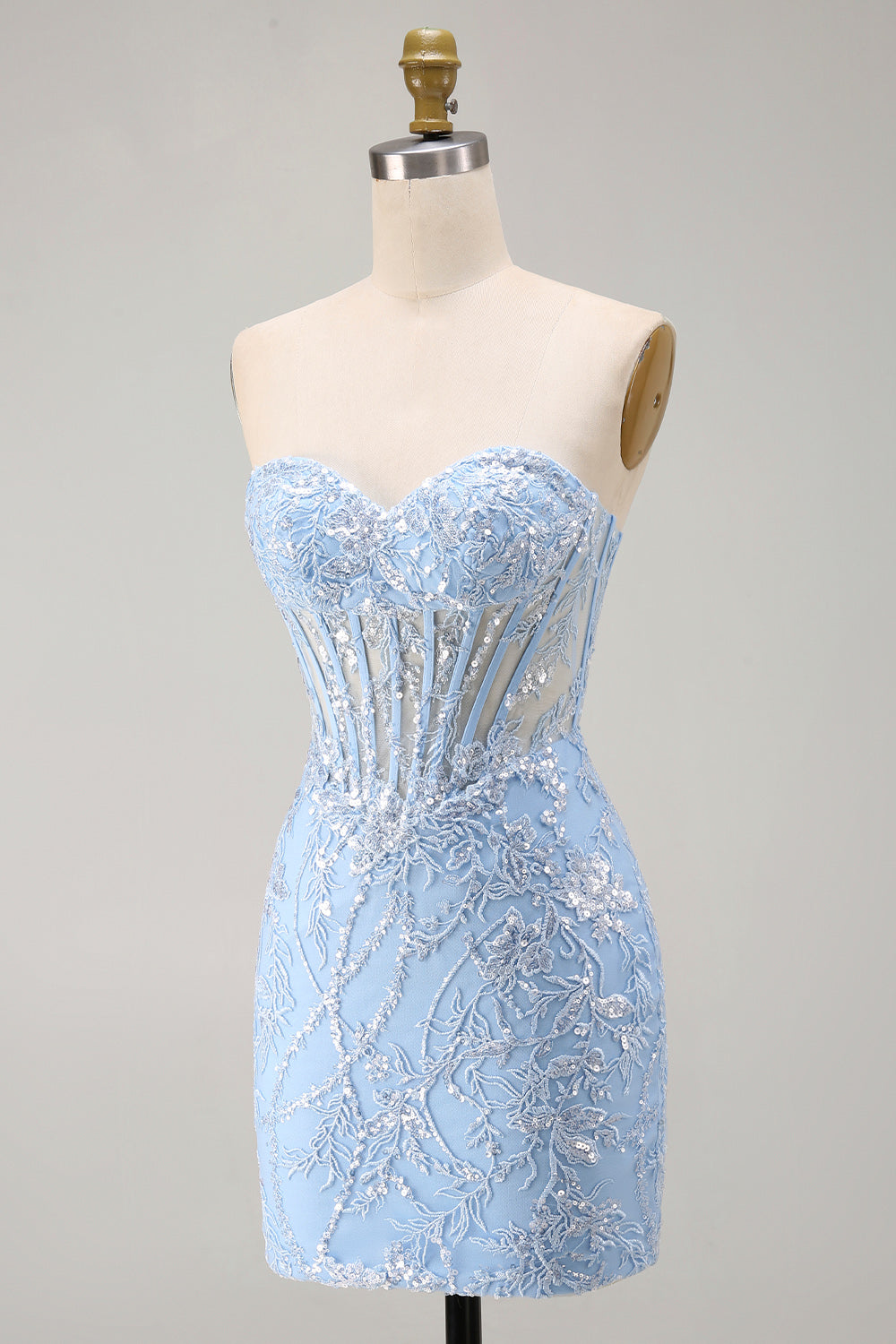 Sweetheart Sparkly Blue Floral Tight Short Corset Homecoming Dress