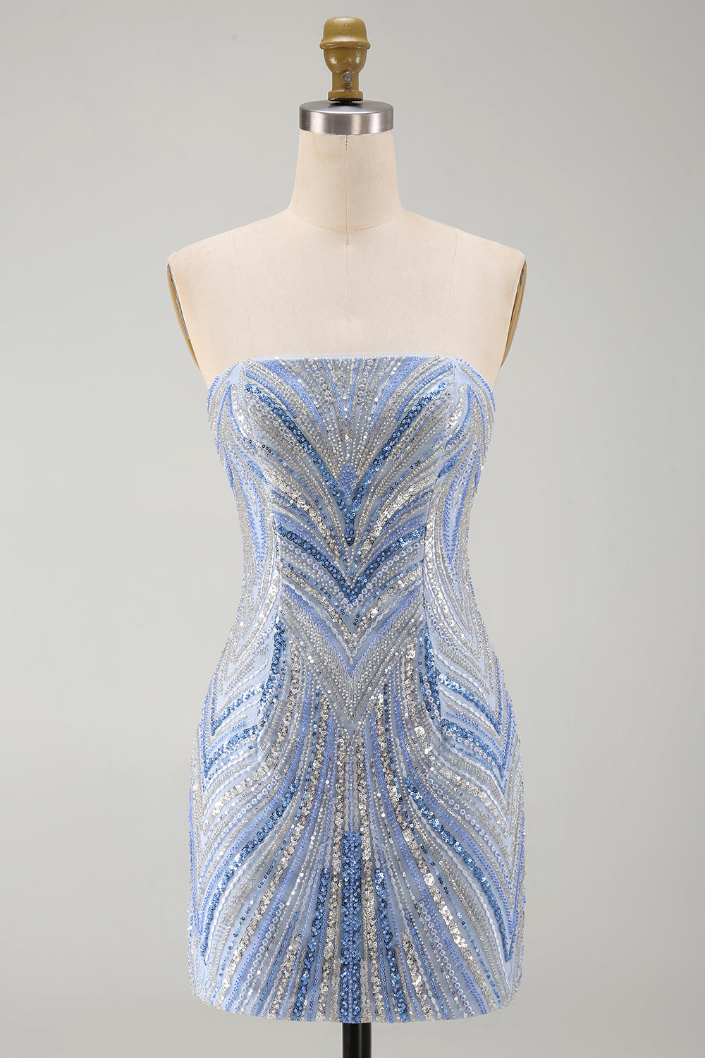Blue Beaded Sparkly Strapless Sequins Tight Short Homecoming Dress