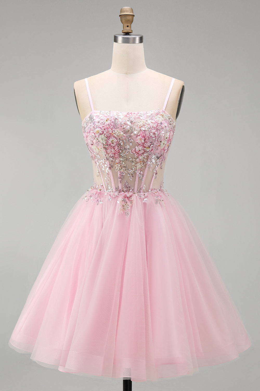 Floral Pink A-Line Corset Tulle Short Homecoming Dress