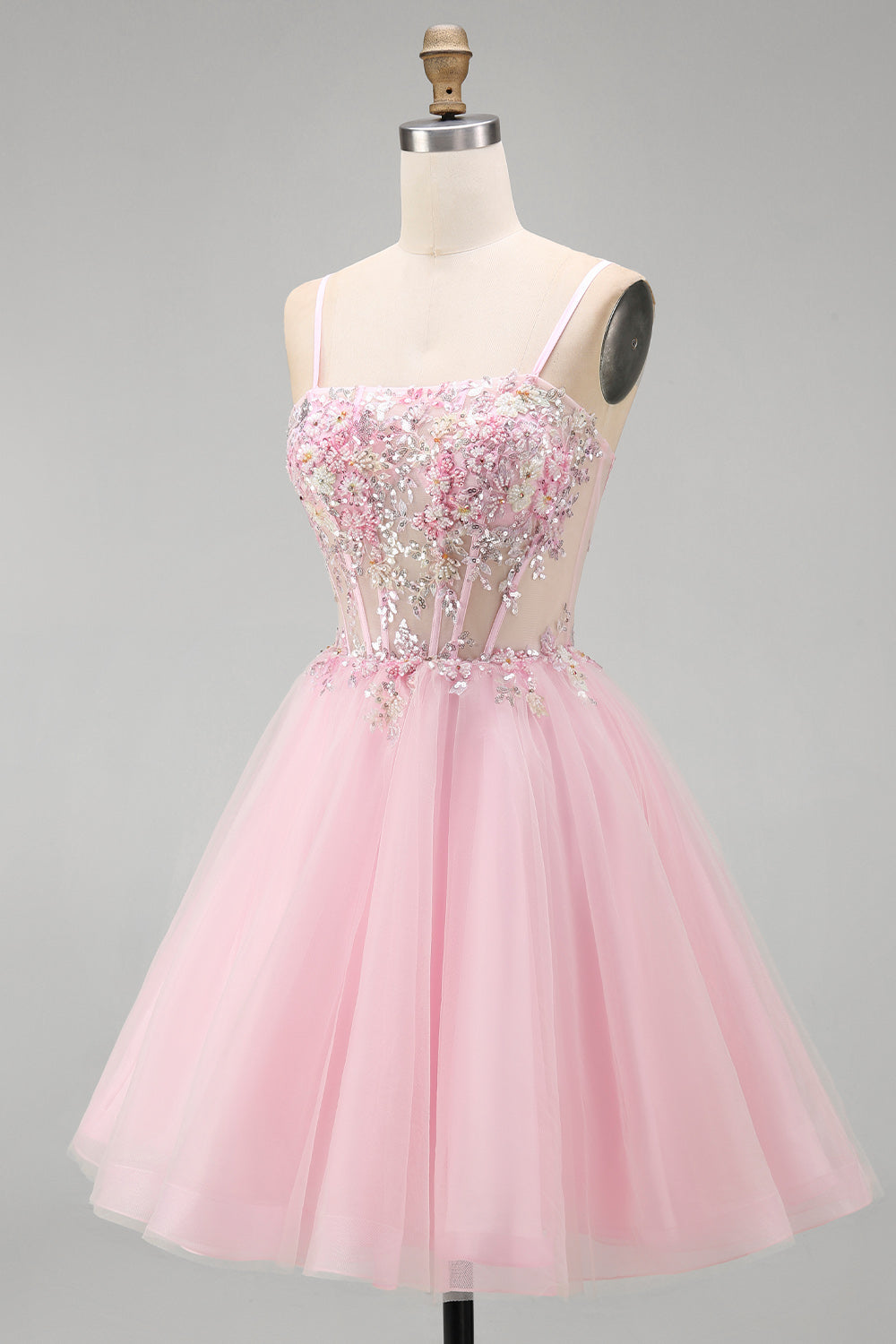 Floral Pink A-Line Corset Tulle Short Homecoming Dress