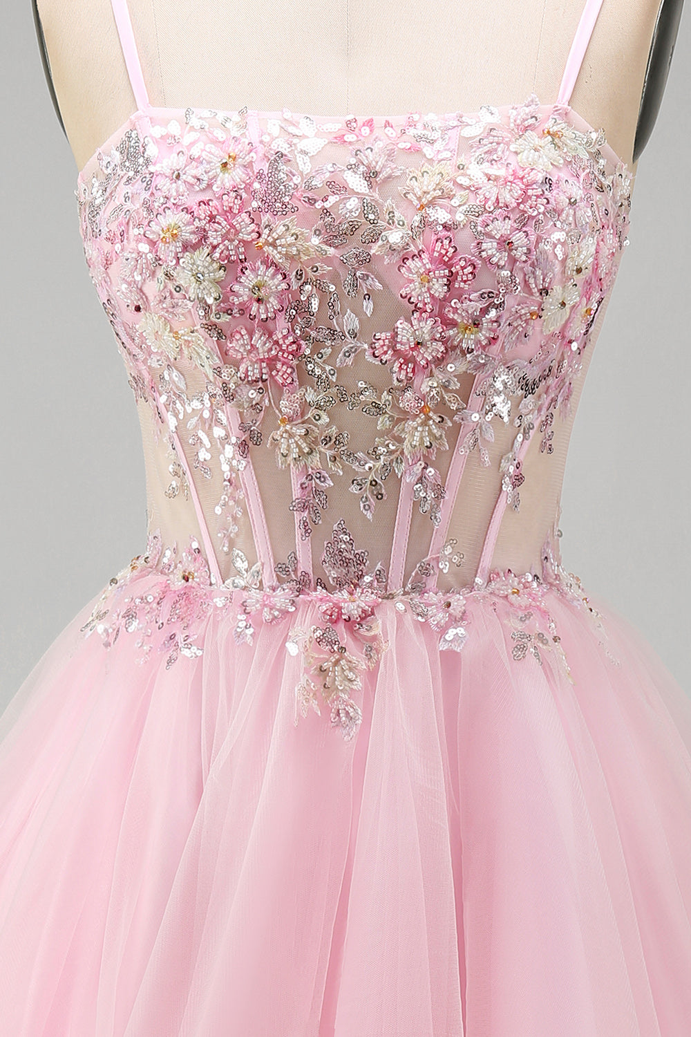 Floral Pink A-Line Corset Tulle Short Homecoming Dress