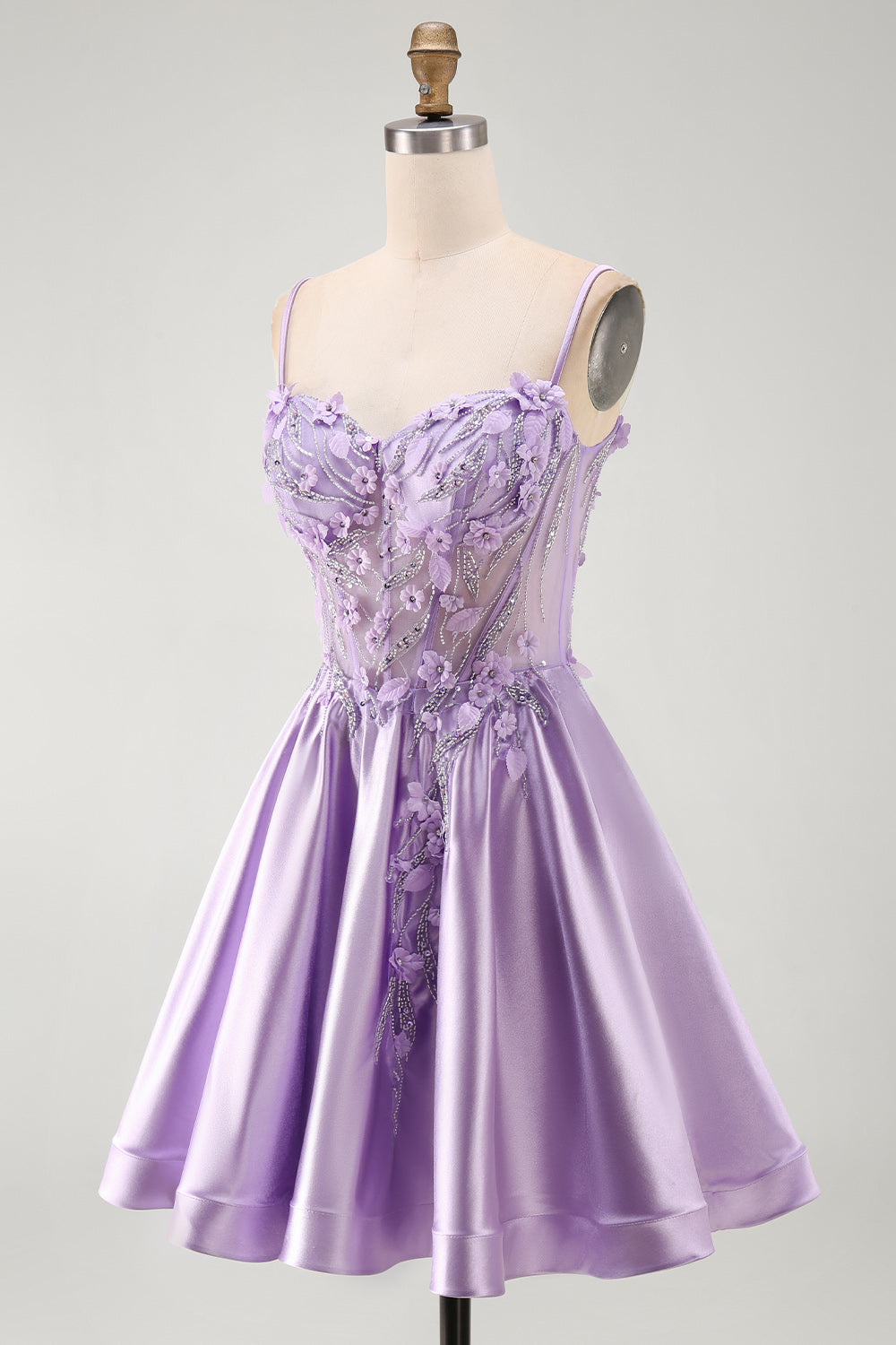 Sparkly Lilac A Line Beaded Short Corset Homecoming Dress with 3D Flowers