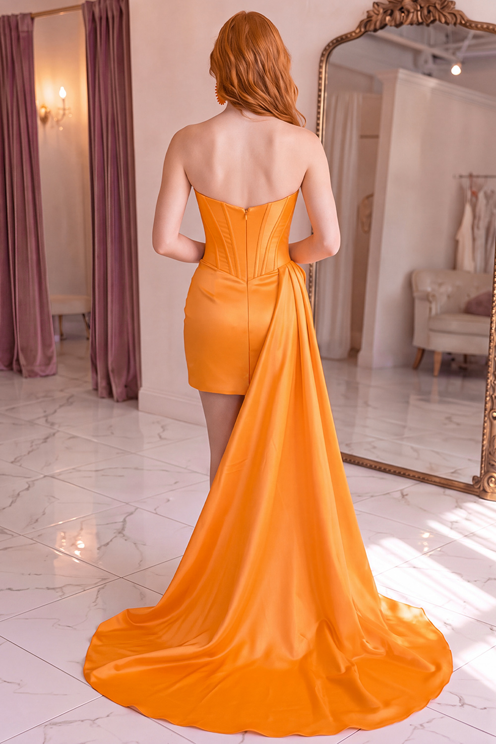 Orange Corset Floral Tight Short Ruched Sweetheart Homecoming Dress with Side Sash
