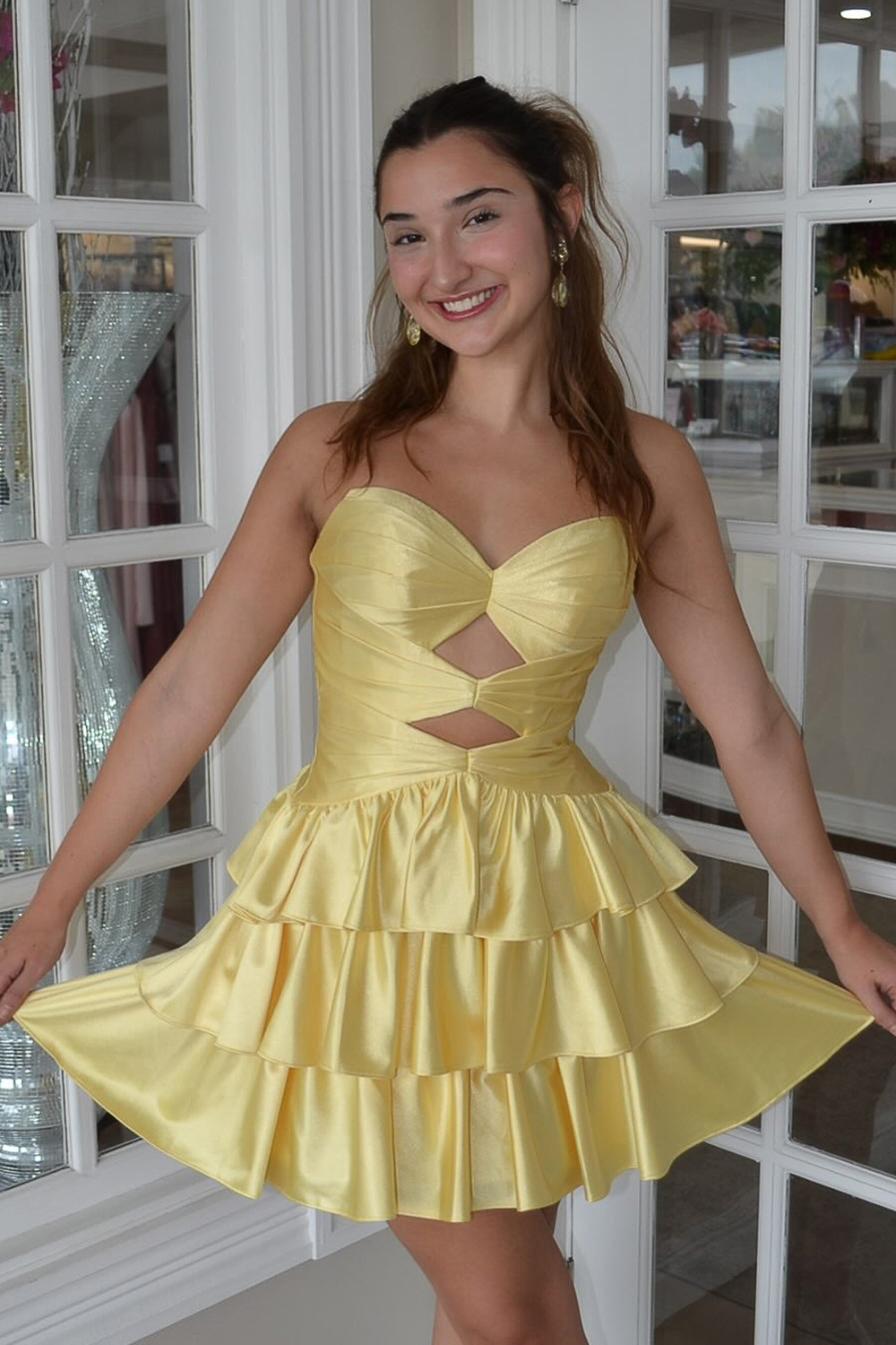 Red Ruffled A-Line Cut Out Strapless Short Homecoming Dress