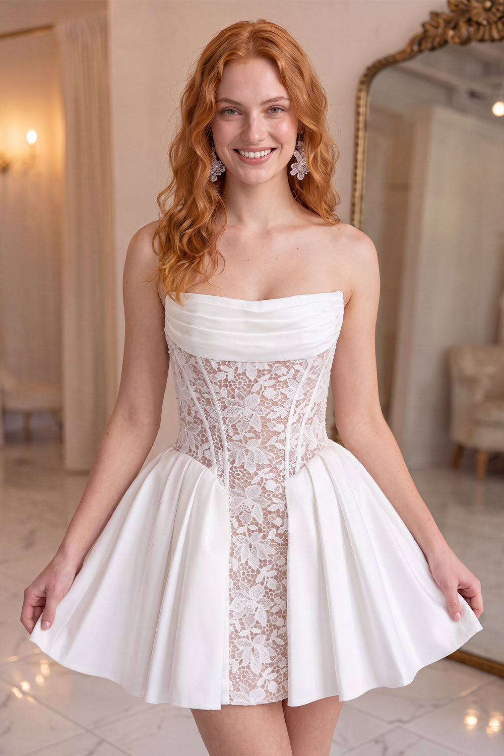 White Strapless Corset A-Line Short Homecoming Dress with Lace