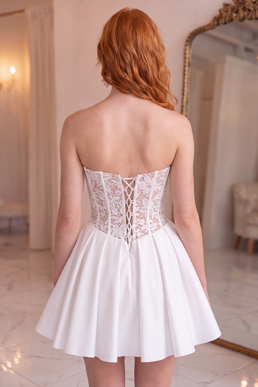 White Strapless Corset A-Line Short Homecoming Dress with Lace
