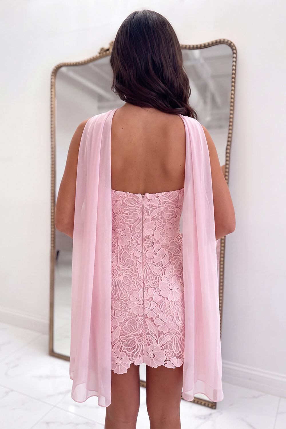Pink Floral Tight Sweetheart Lace Short Homecoming Dress with Neck Scarf