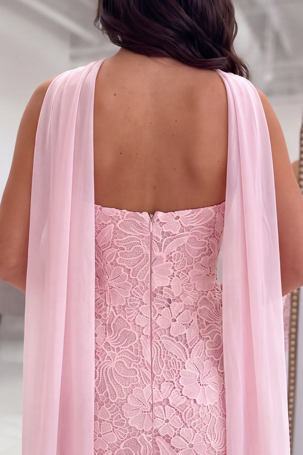 Pink Floral Tight Sweetheart Lace Short Homecoming Dress with Neck Scarf