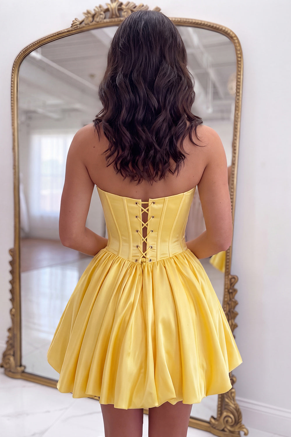 Yellow Floral Corset Sweetheart Appliqued Short Homecoming Dress