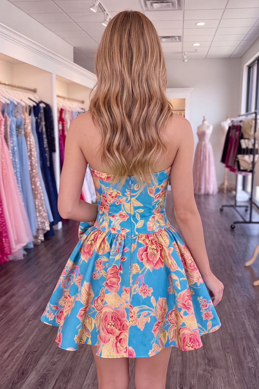 Blue Floral A-Line Strapless Short Homecoming Dress with Bow