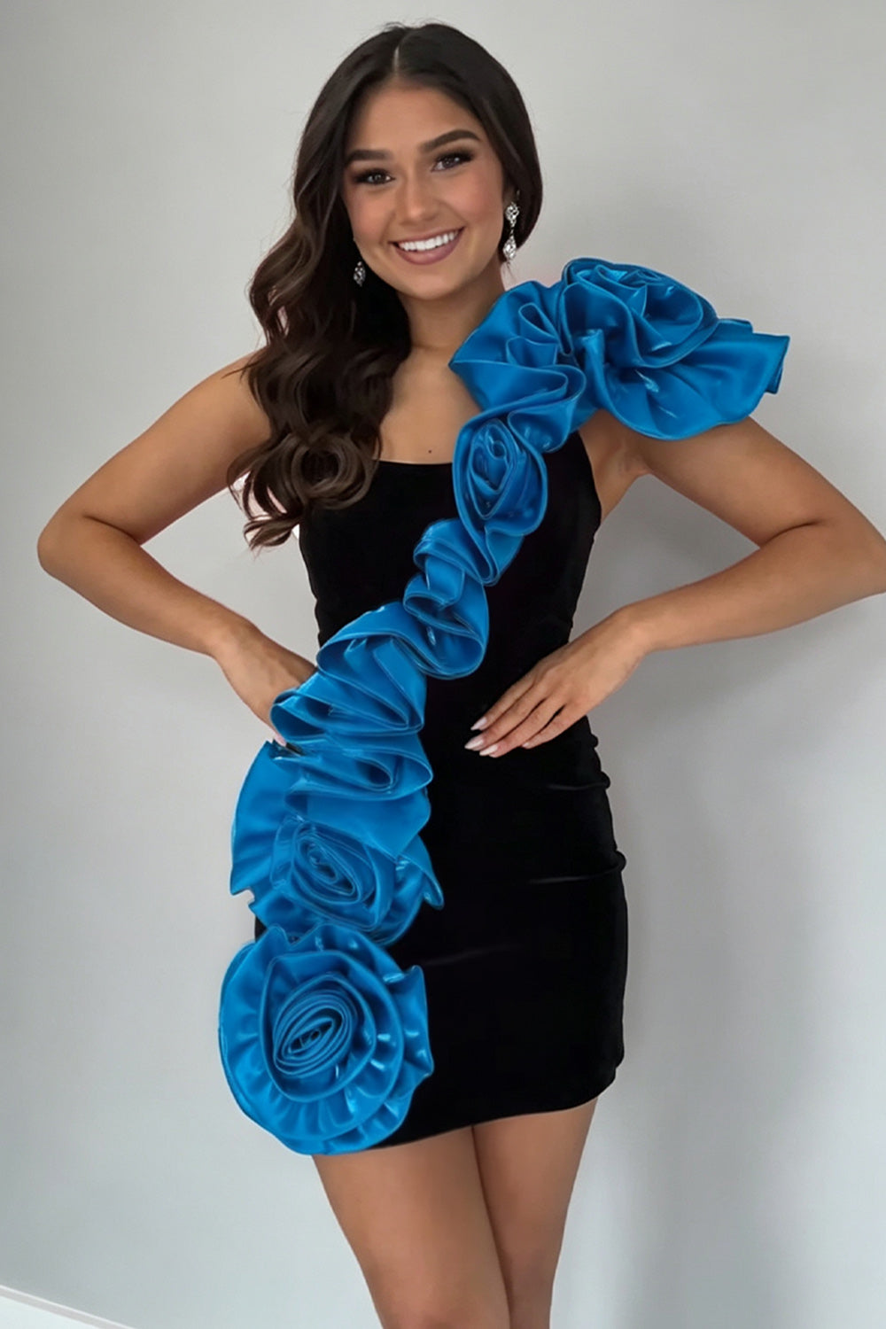 Black Blue One Shoulder Tight Short Homecoming Dress with 3D Flowers