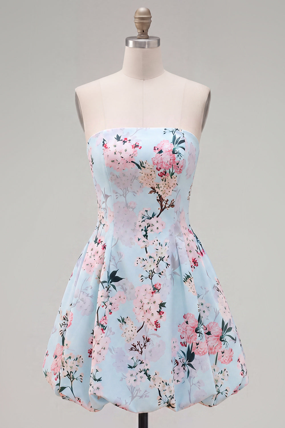 Floral Pink Satin A-Line Strapless Short Homecoming Dress