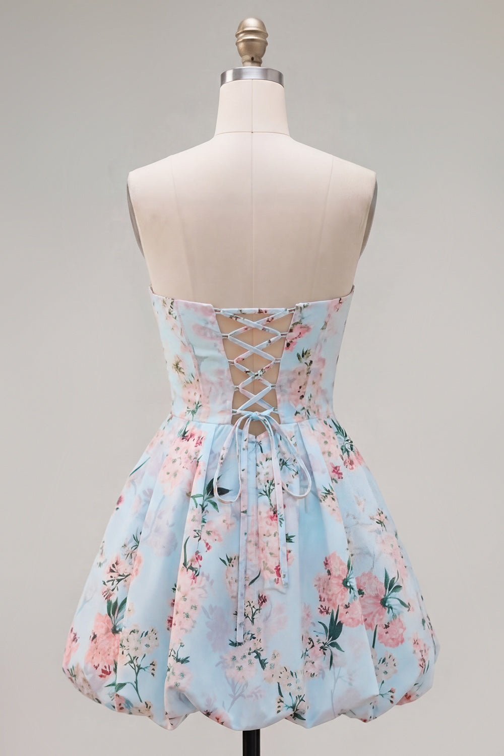 Floral Pink Satin A-Line Strapless Short Homecoming Dress