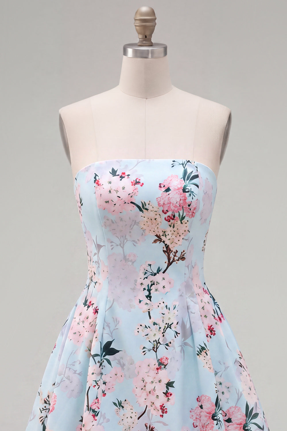 Floral Pink Satin A-Line Strapless Short Homecoming Dress