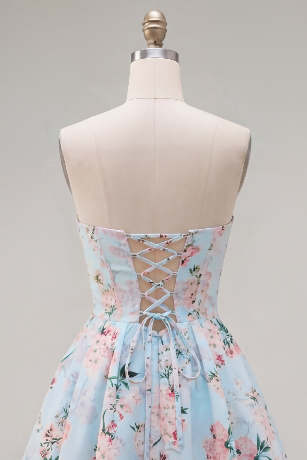 Floral Pink Satin A-Line Strapless Short Homecoming Dress