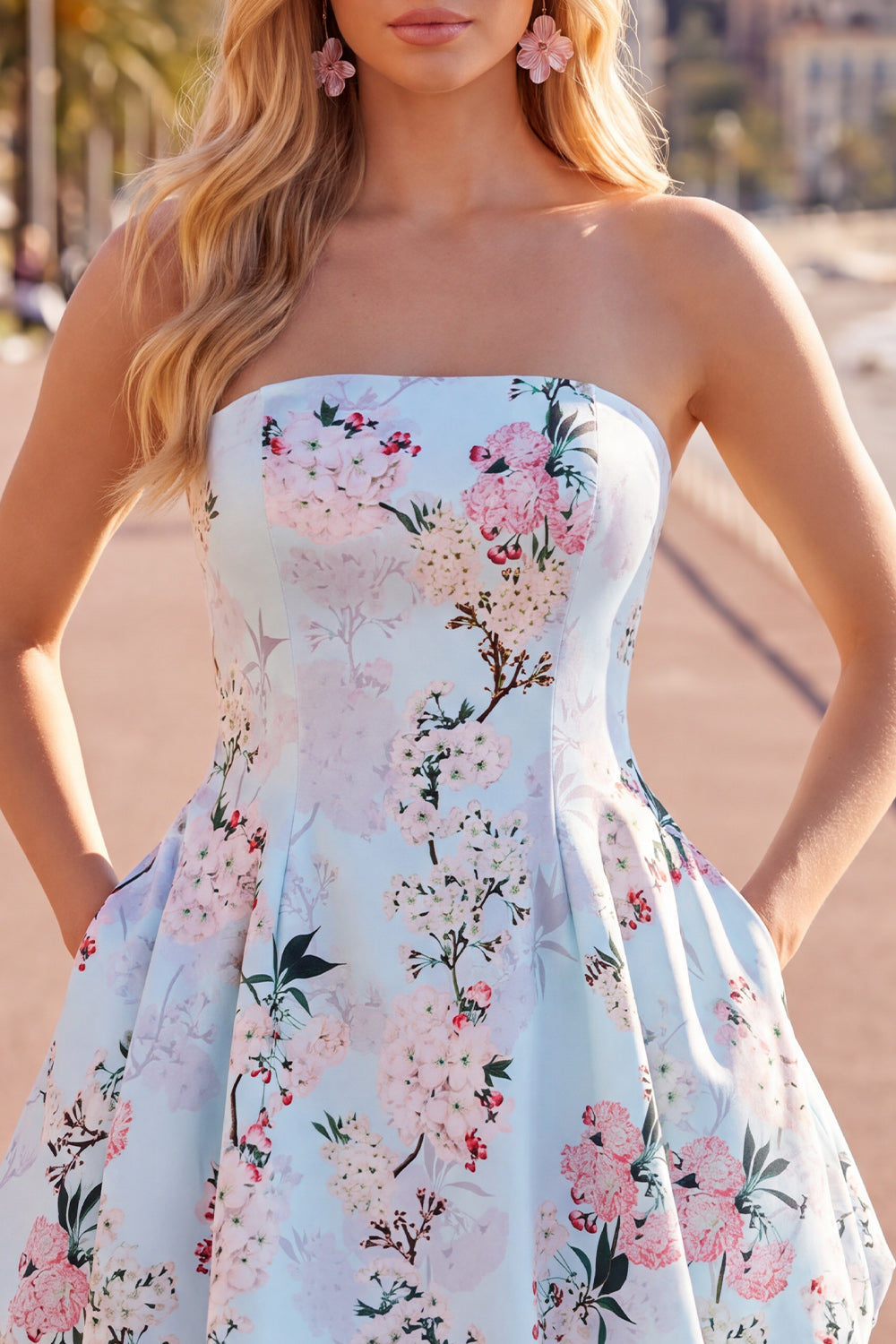 Floral Pink Satin A-Line Strapless Short Homecoming Dress