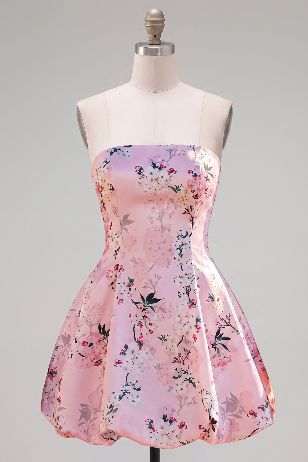 Floral Pink Satin A-Line Strapless Short Homecoming Dress