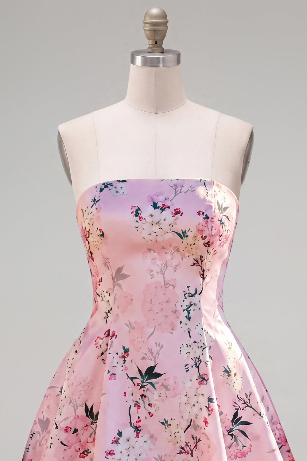 Floral Pink Satin A-Line Strapless Short Homecoming Dress