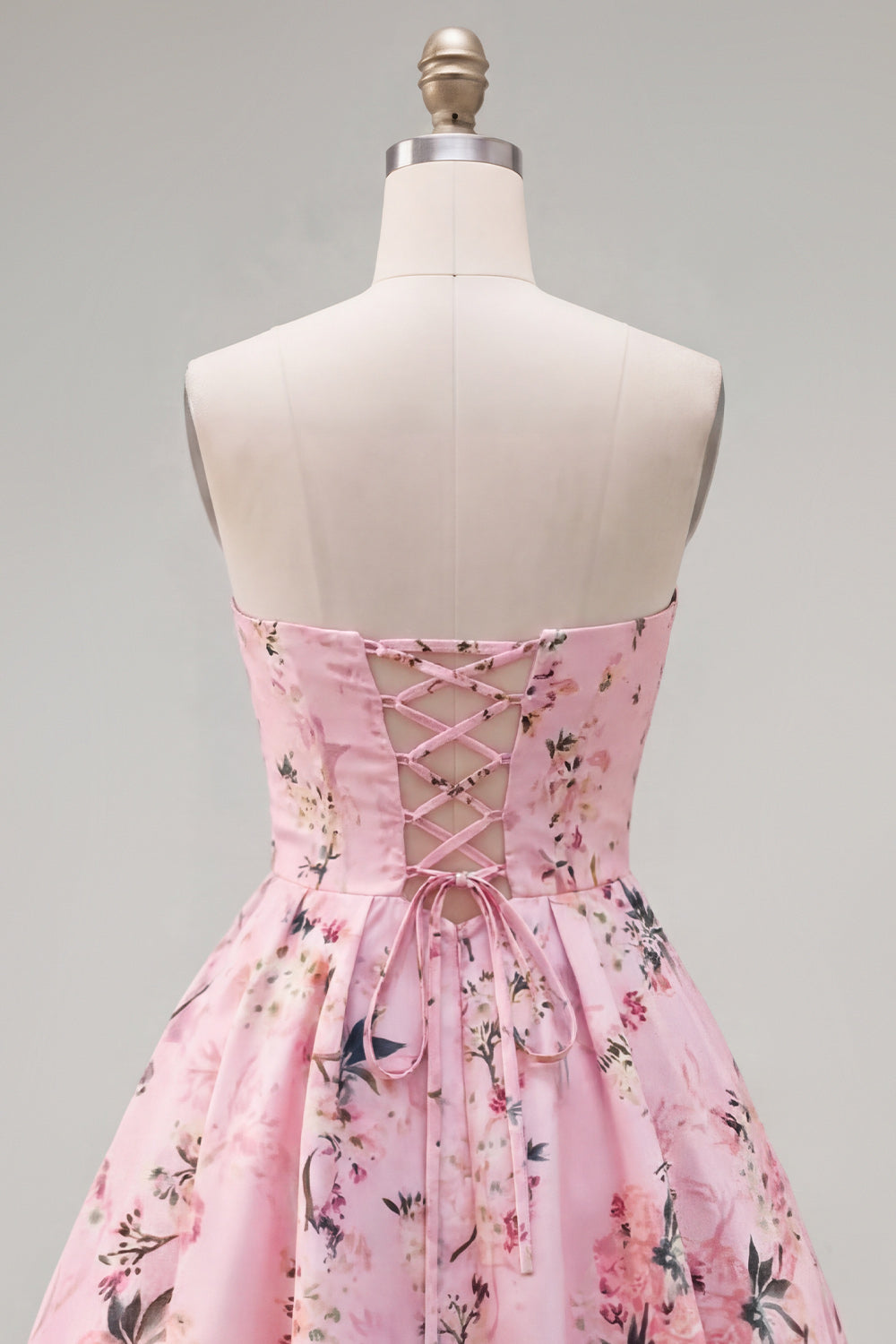 Floral Pink Satin A-Line Strapless Short Homecoming Dress