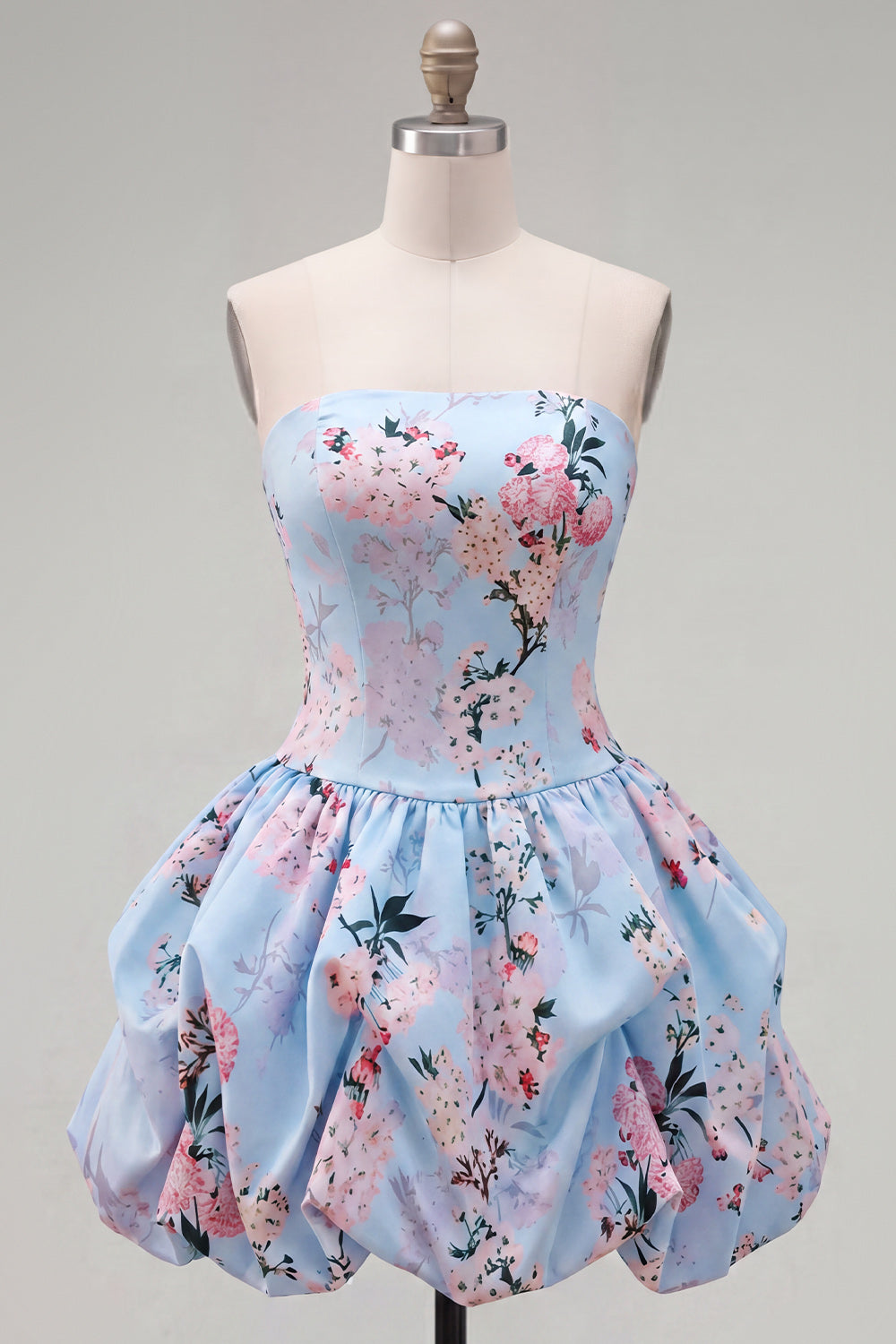 Floral Blue Printed Lace-Up Back A-Line Short Homecoming Dress