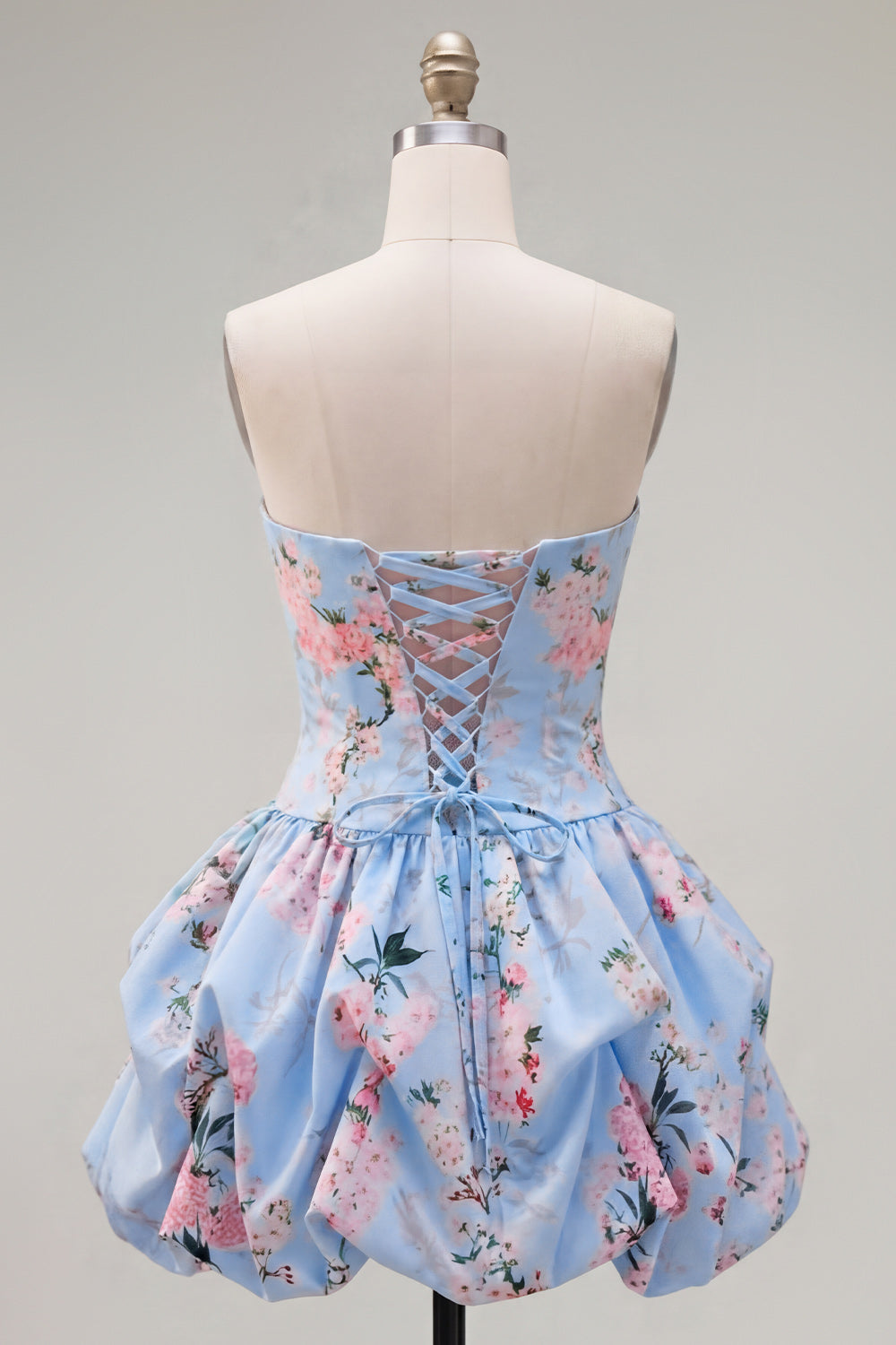 Floral Blue Printed Lace-Up Back A-Line Short Homecoming Dress