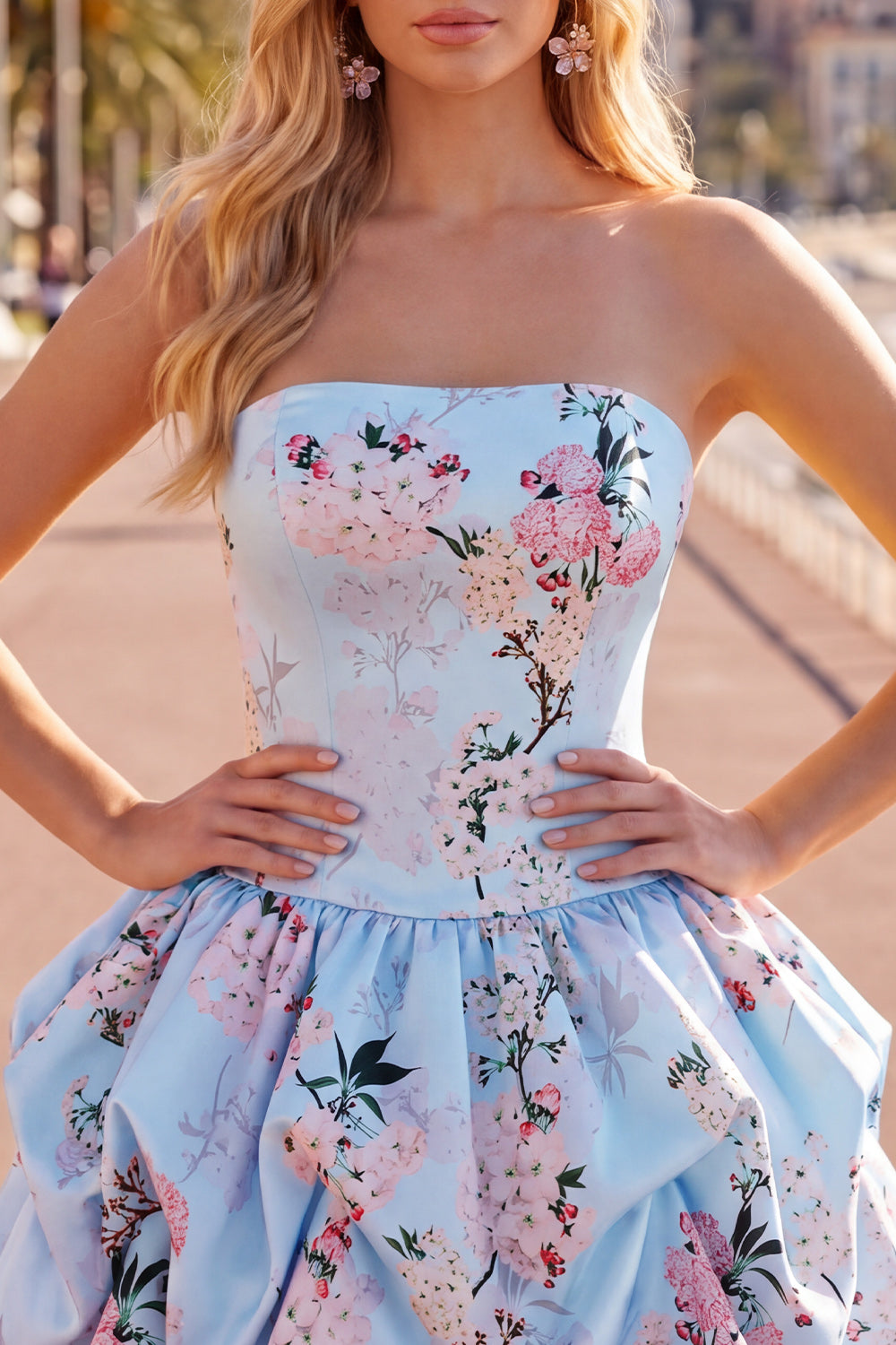 Floral Blue Printed Lace-Up Back A-Line Short Homecoming Dress