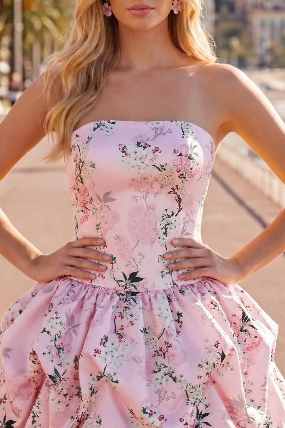 Floral Blue Printed Lace-Up Back A-Line Short Homecoming Dress