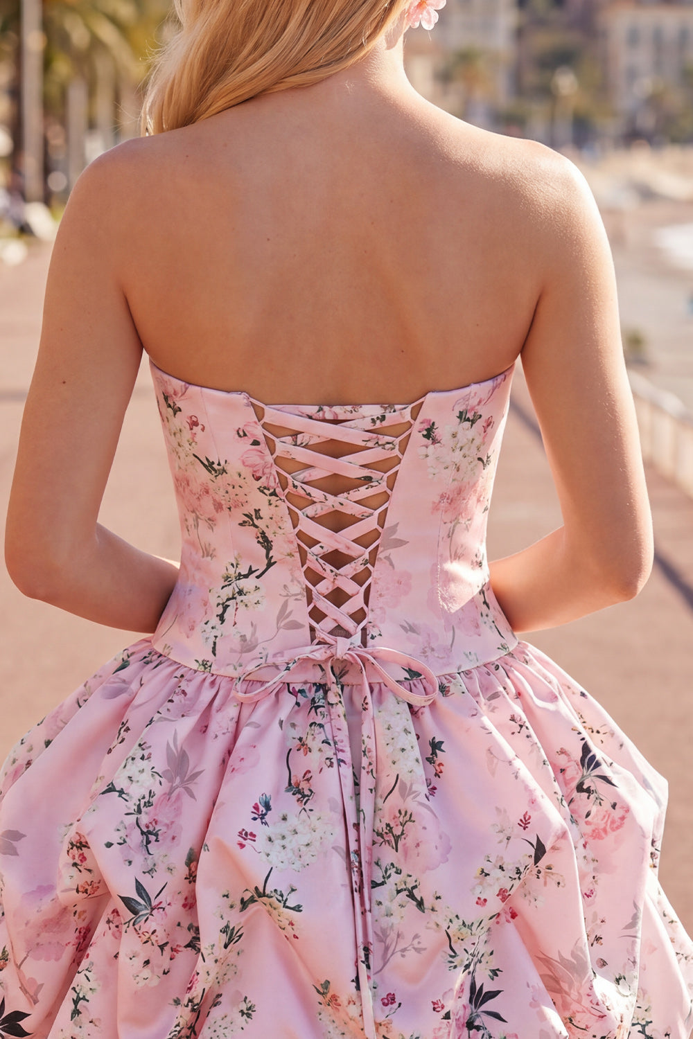 Floral Blue Printed Lace-Up Back A-Line Short Homecoming Dress
