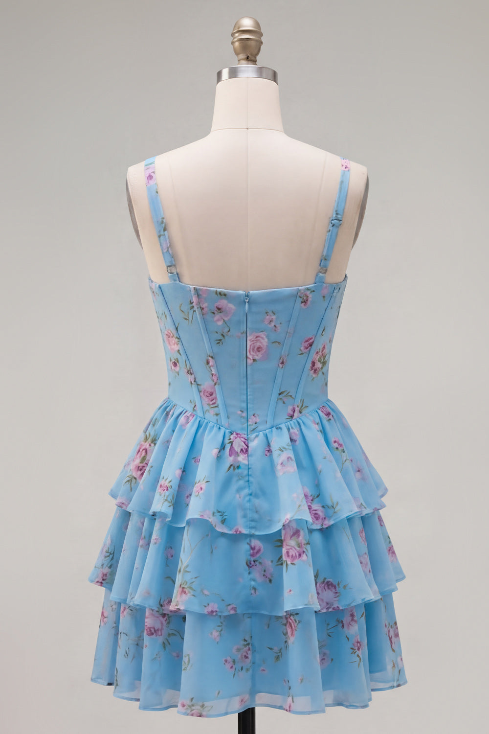 Floral Blue A-Line Tiered Corset Ruffled Short Homecoming Dress
