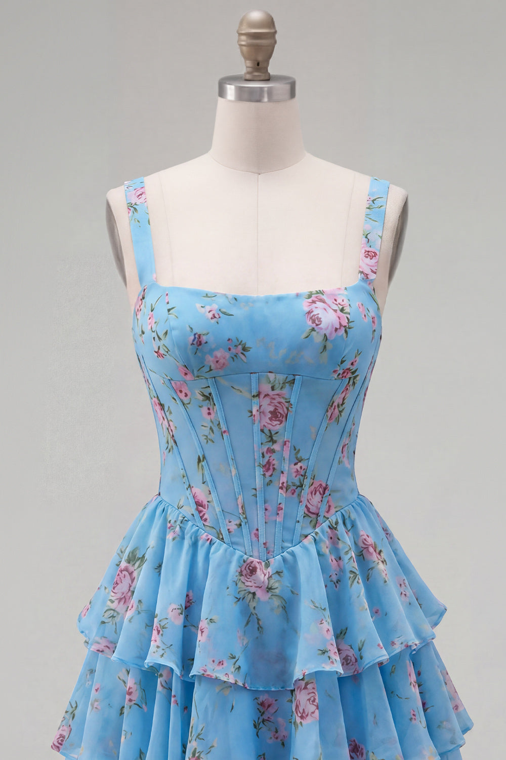 Floral Blue A-Line Tiered Corset Ruffled Short Homecoming Dress
