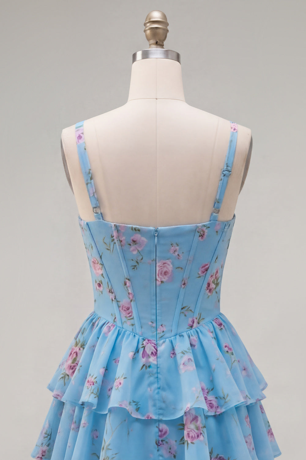 Floral Blue A-Line Tiered Corset Ruffled Short Homecoming Dress