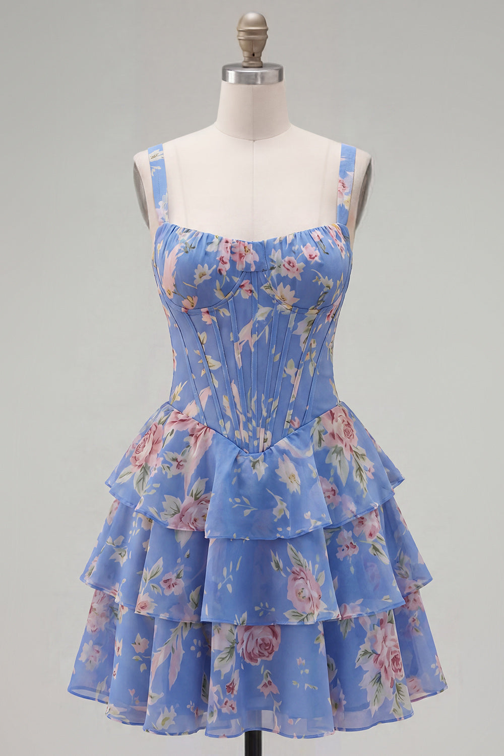 Floral Blue A-Line Tiered Corset Ruffled Short Homecoming Dress