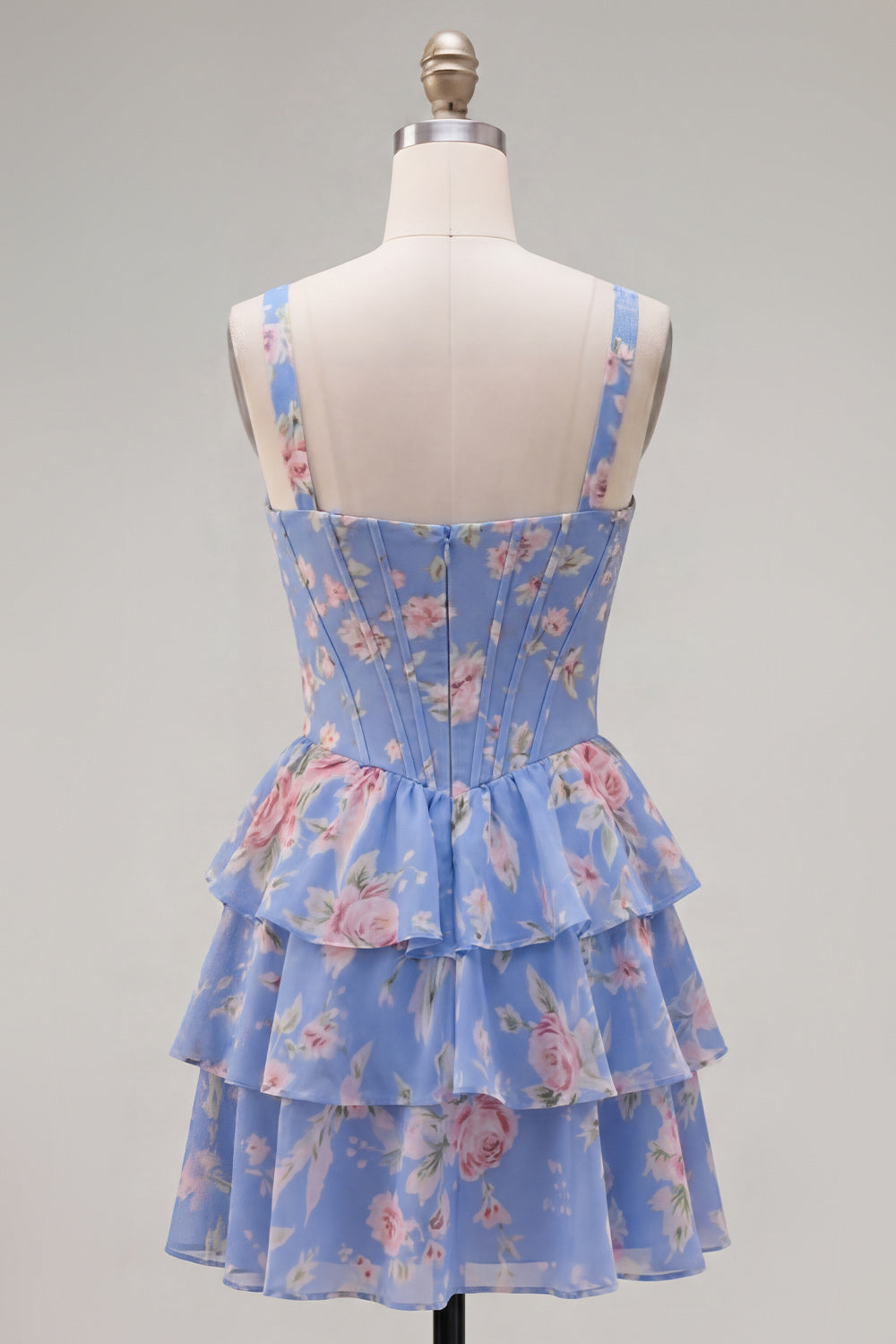Floral Blue A-Line Tiered Corset Ruffled Short Homecoming Dress