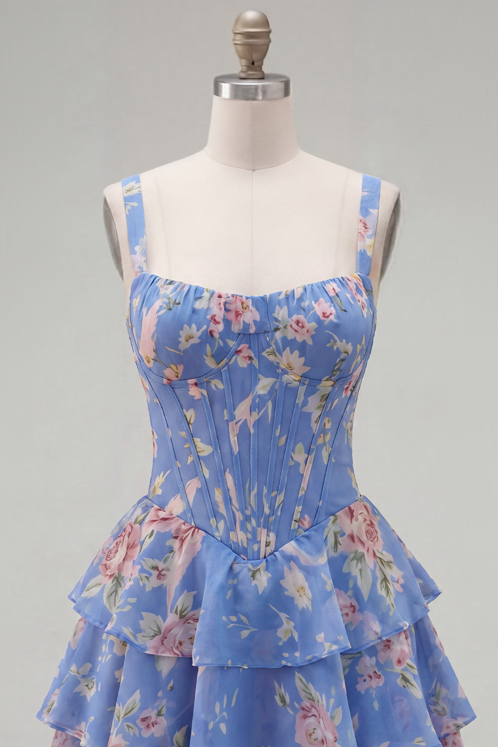 Floral Blue A-Line Tiered Corset Ruffled Short Homecoming Dress