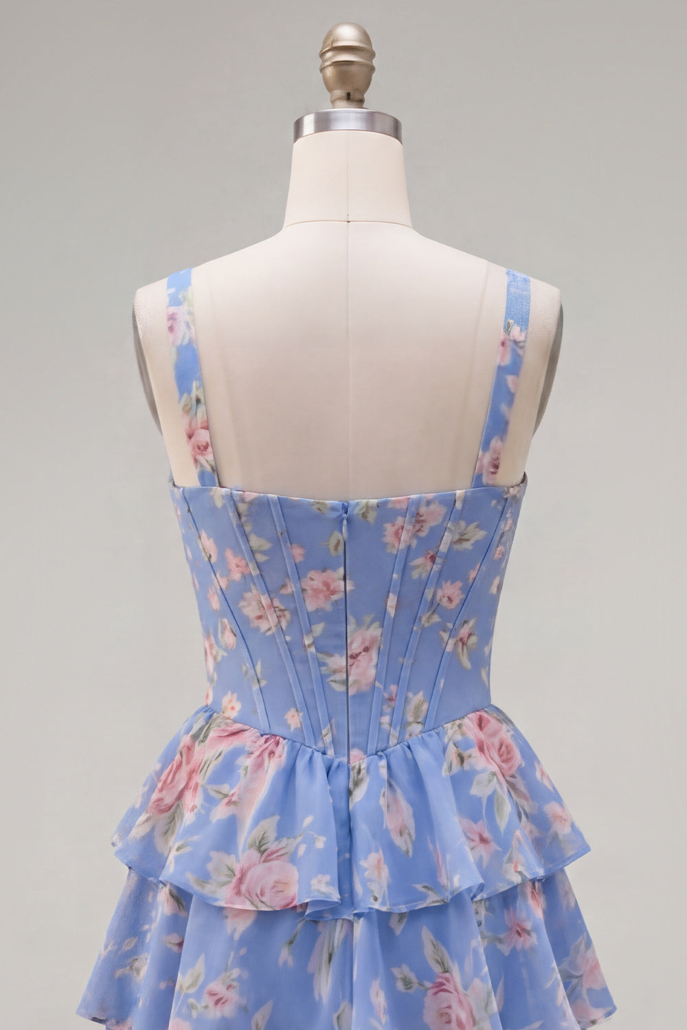 Floral Blue A-Line Tiered Corset Ruffled Short Homecoming Dress