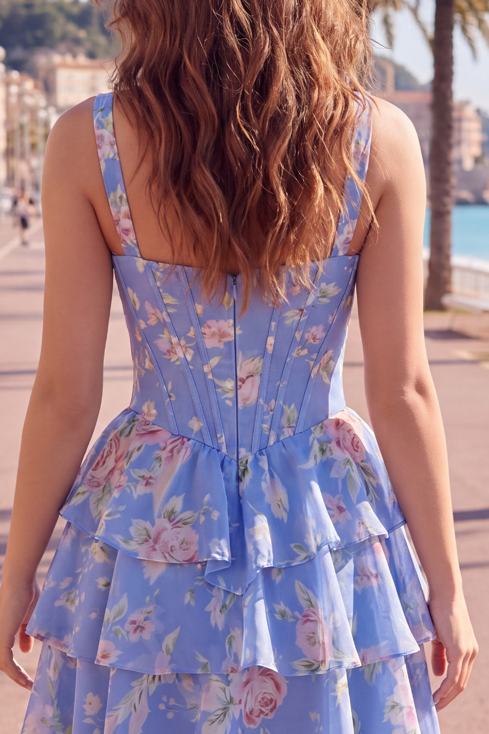 Floral Blue A-Line Tiered Corset Ruffled Short Homecoming Dress