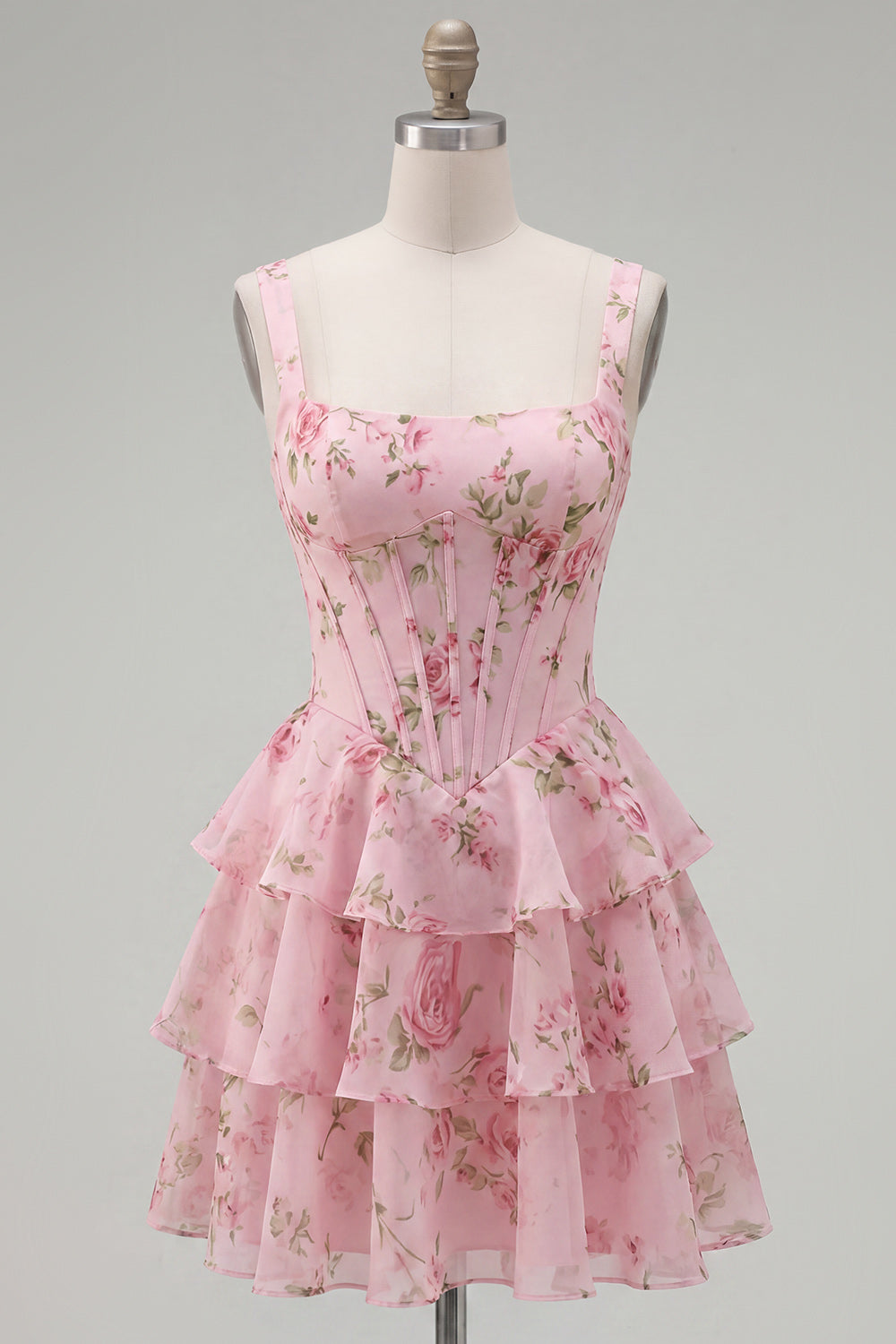 Floral Blue A-Line Tiered Corset Ruffled Short Homecoming Dress
