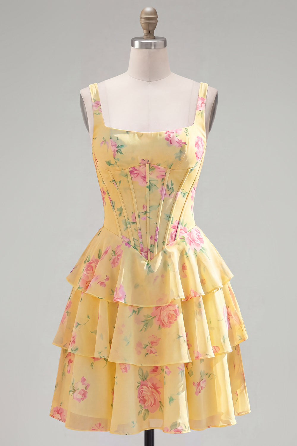 Floral Blue A-Line Tiered Corset Ruffled Short Homecoming Dress