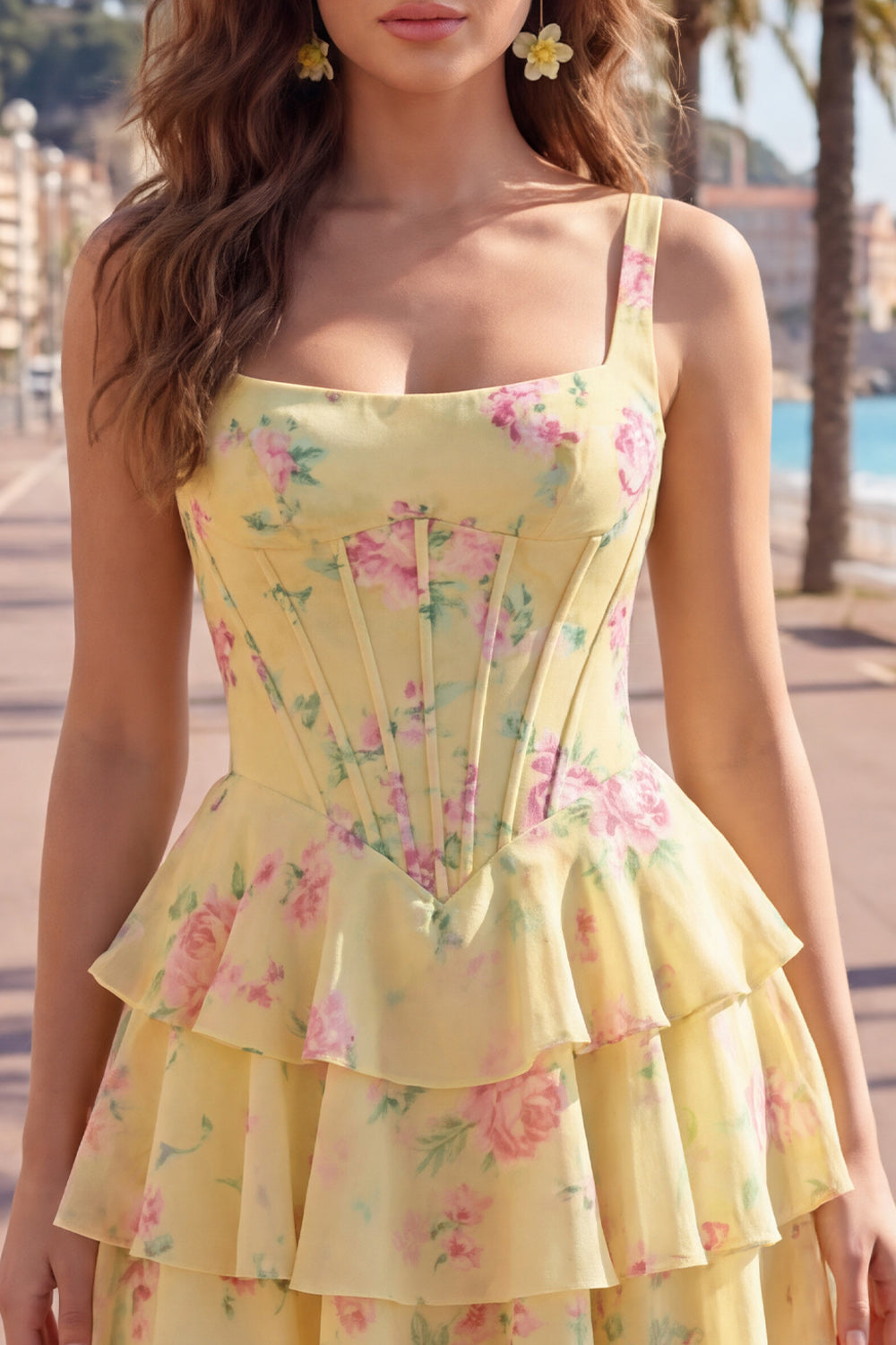 Floral Blue A-Line Tiered Corset Ruffled Short Homecoming Dress