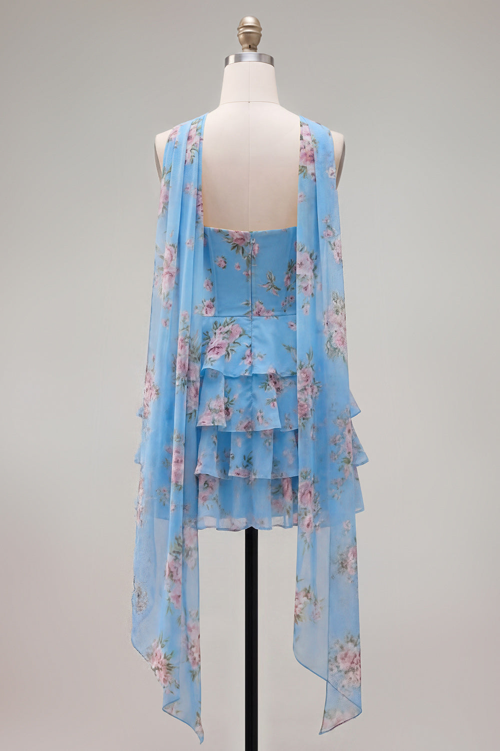 Floral Ruffled Yellow A-Line Short Homecoming Dress with Neck Scarf