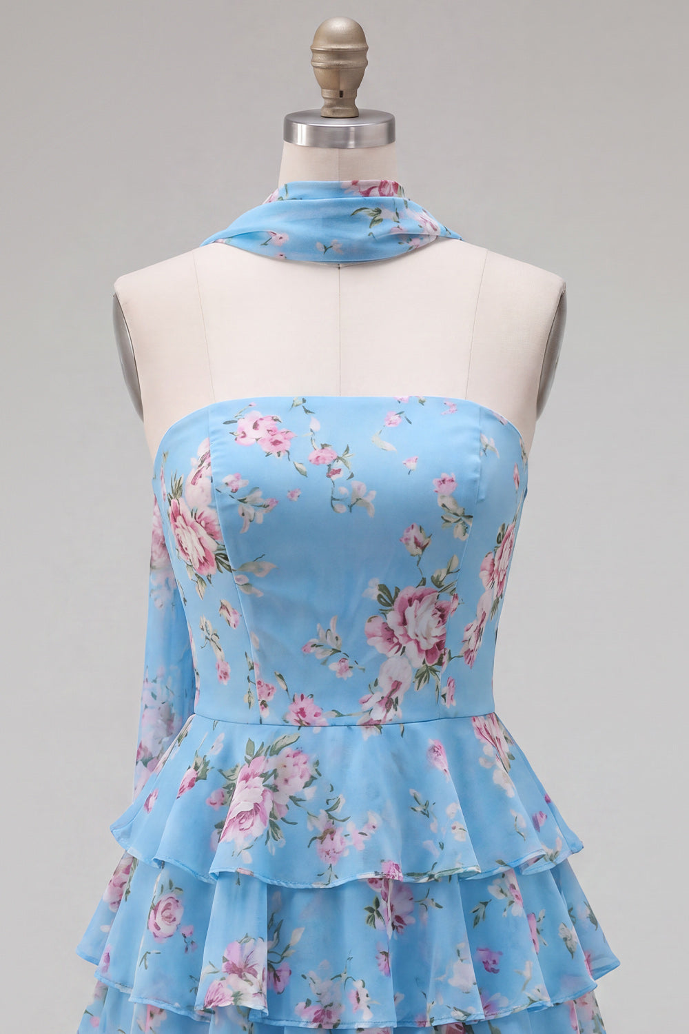 Floral Ruffled Yellow A-Line Short Homecoming Dress with Neck Scarf