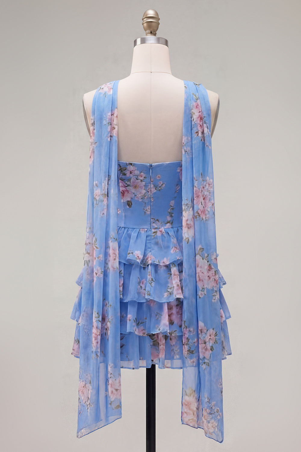 Floral Ruffled Yellow A-Line Short Homecoming Dress with Neck Scarf